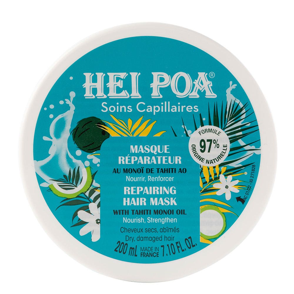 Hei Poa Soins Capillaires Masque Réparateur au Monoï de Tahiti Cheveux Secs et Abîmés 200ml