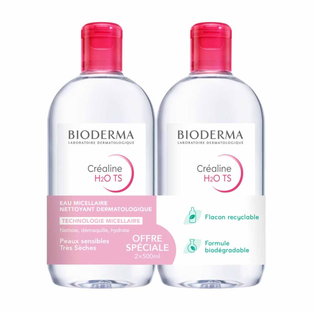Bioderma Crealine Eau micellaire H2O Ts Peaux sensibles, peaux sèches à très sèches 2x500ml