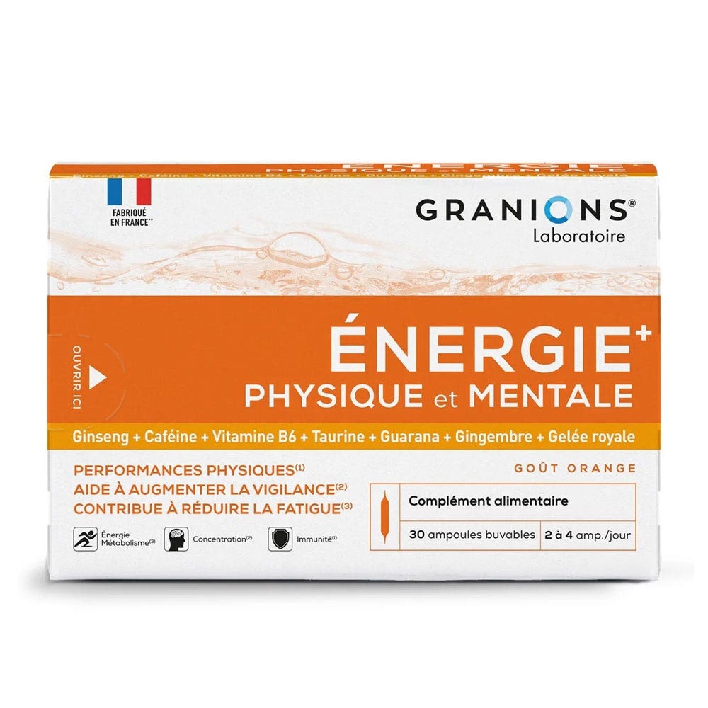 Granions Energie+ Physique et Mentale Goût Orange 30 ampoules buvables