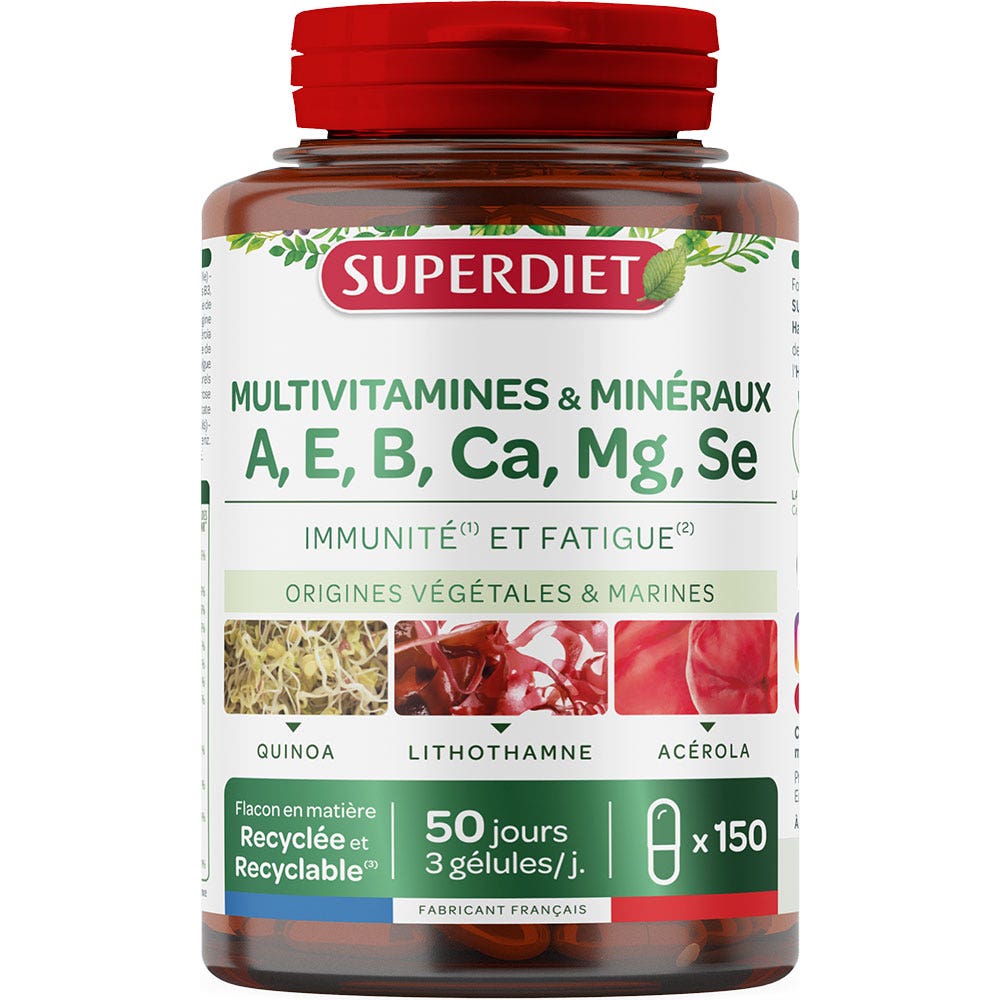 Superdiet Multivitamines & Minéraux A E B Ca Mg Se Immunité et Fatigue 150 gélules
