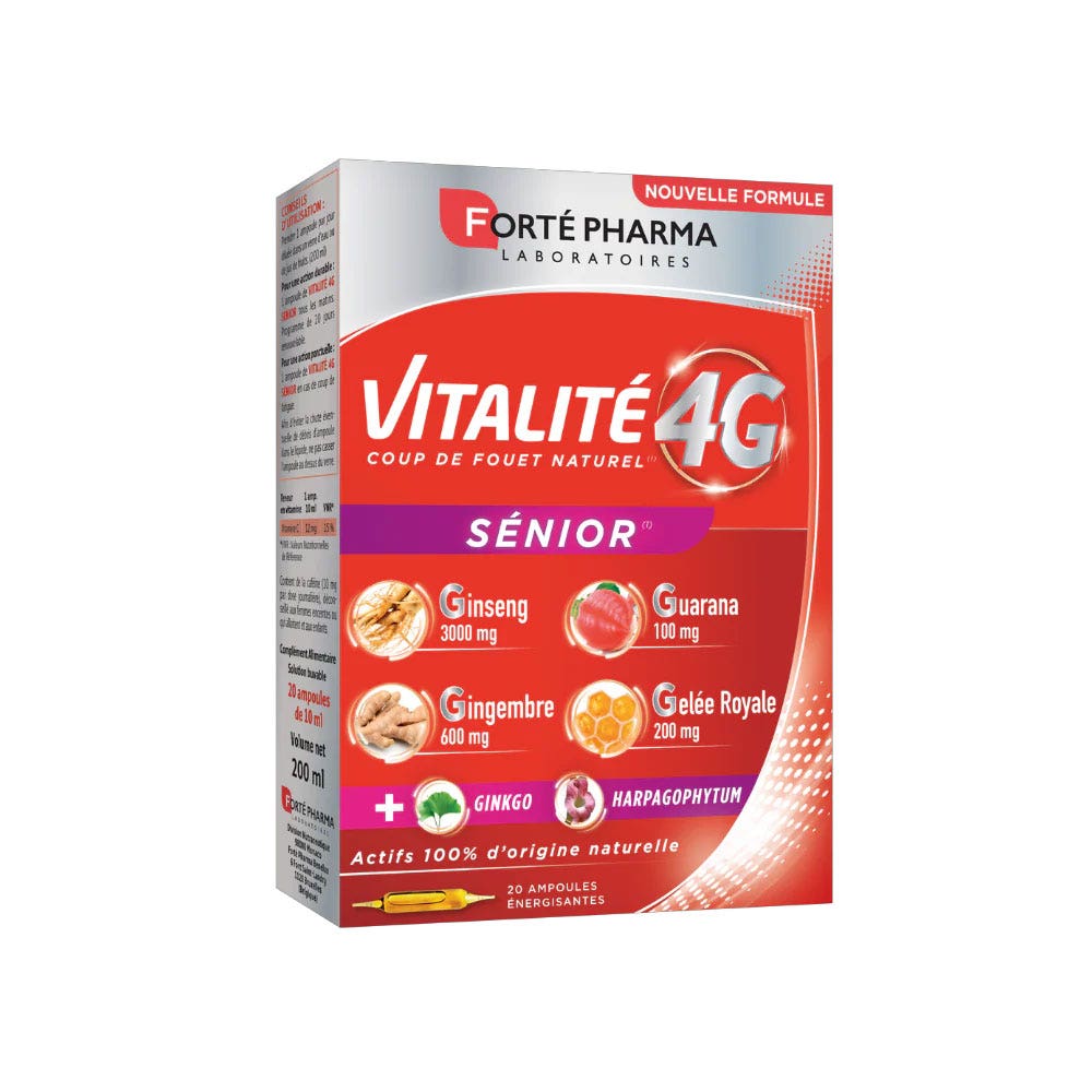 Forté Pharma Vitalité 4G Dynamisant Naturel Sénior au Ginseng Gingembre et Ginkgo 20 ampoules