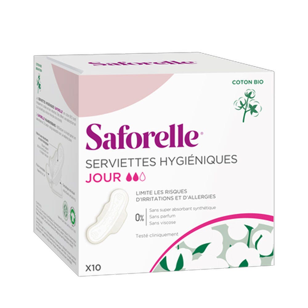 Saforelle Serviettes hygiéniques jour avec ailettes coton bio x10