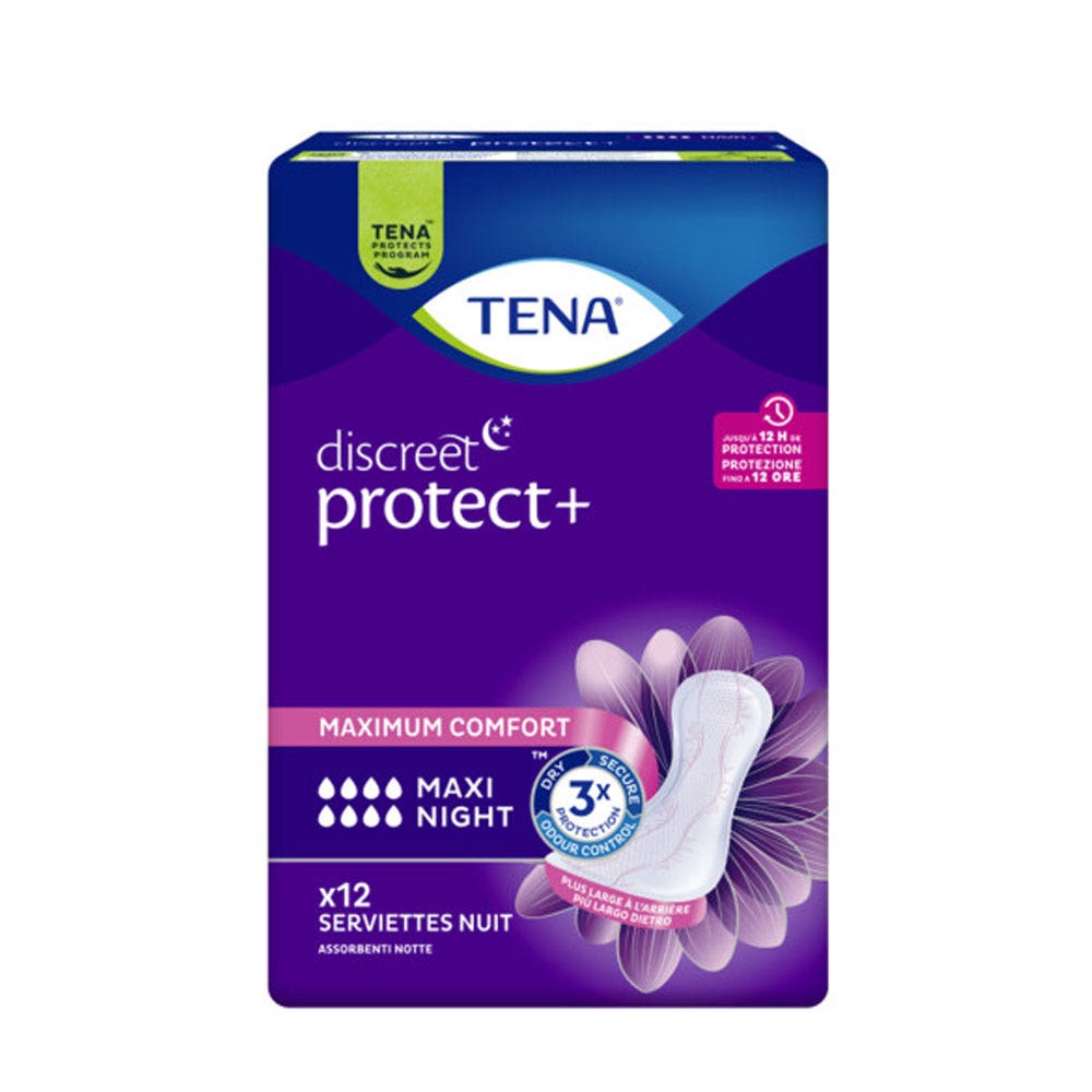 Tena Discreet Protect+ Serviettes fuites urinaires Nuit Maxi x12