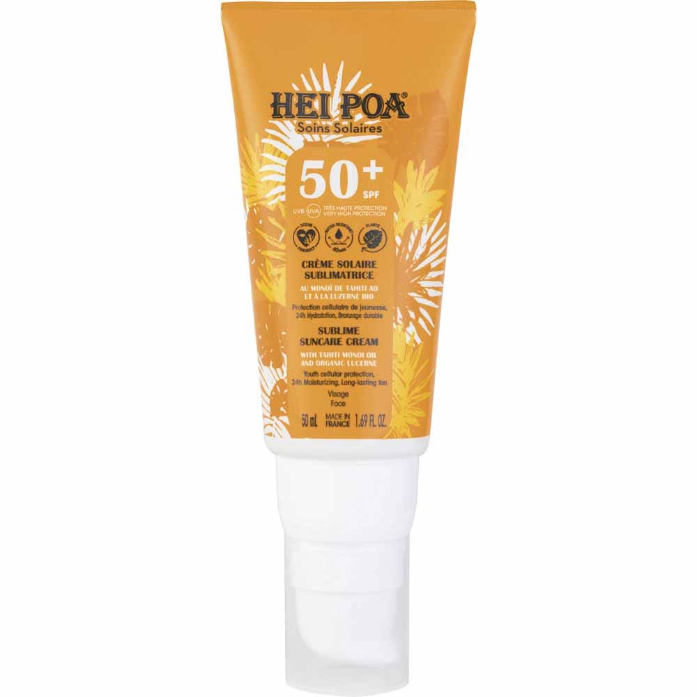 Hei Poa Soins Solaires Crème Solaire Visage Sublimatrice SPF50+ Au Monoï de Tahiti AO 50ml