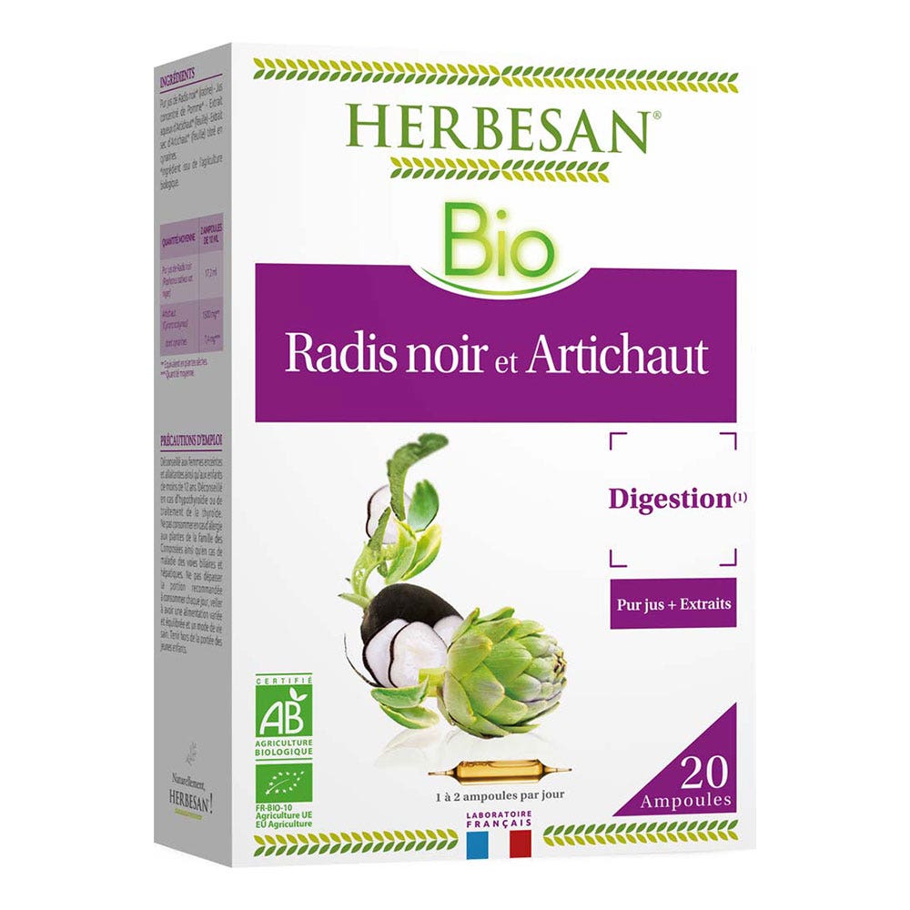 Herbesan Radis Noir Et Artichaut Bio Digestion 20 Ampoules