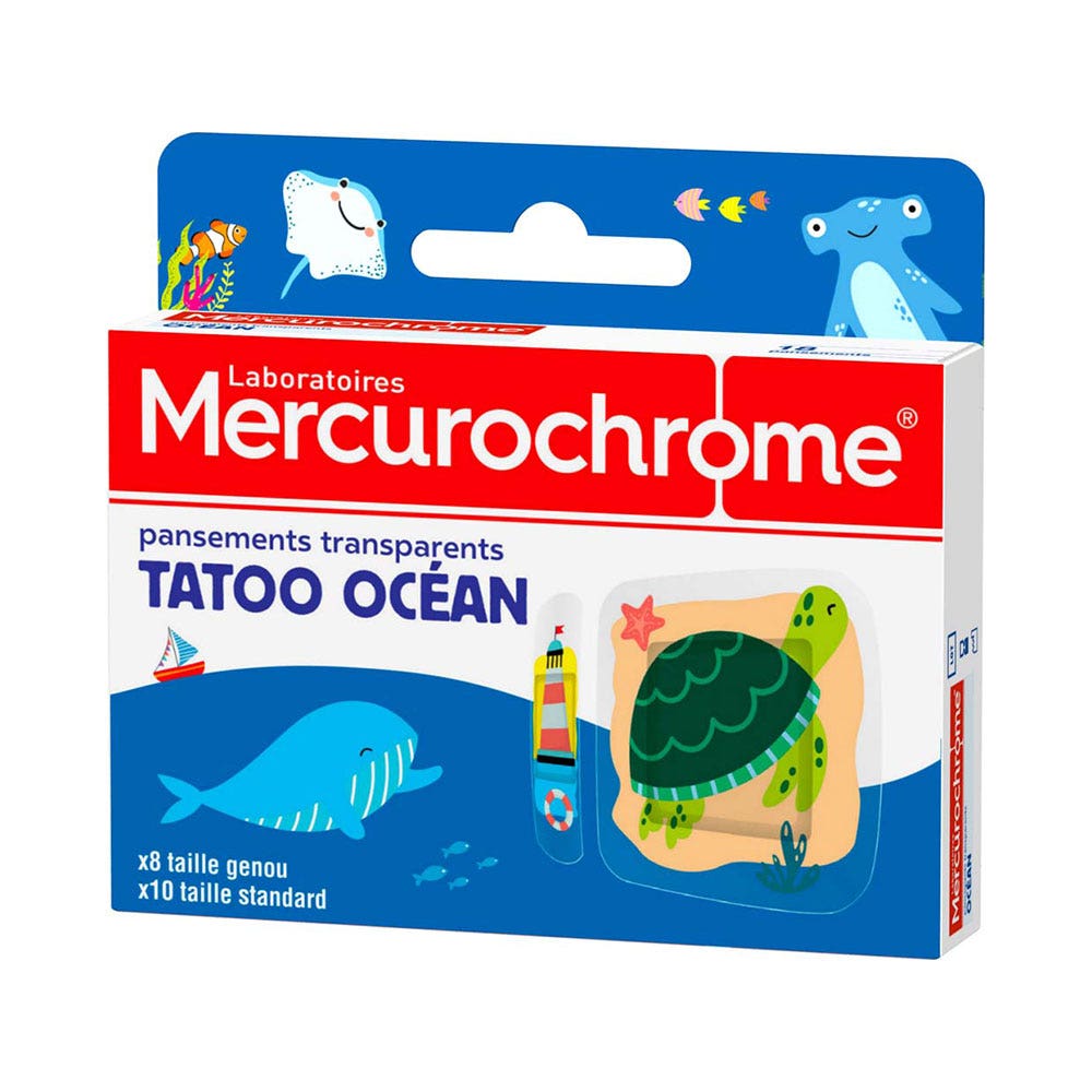 Mercurochrome Pansements Transparents Tatoo Ocean 2 Tailles x18