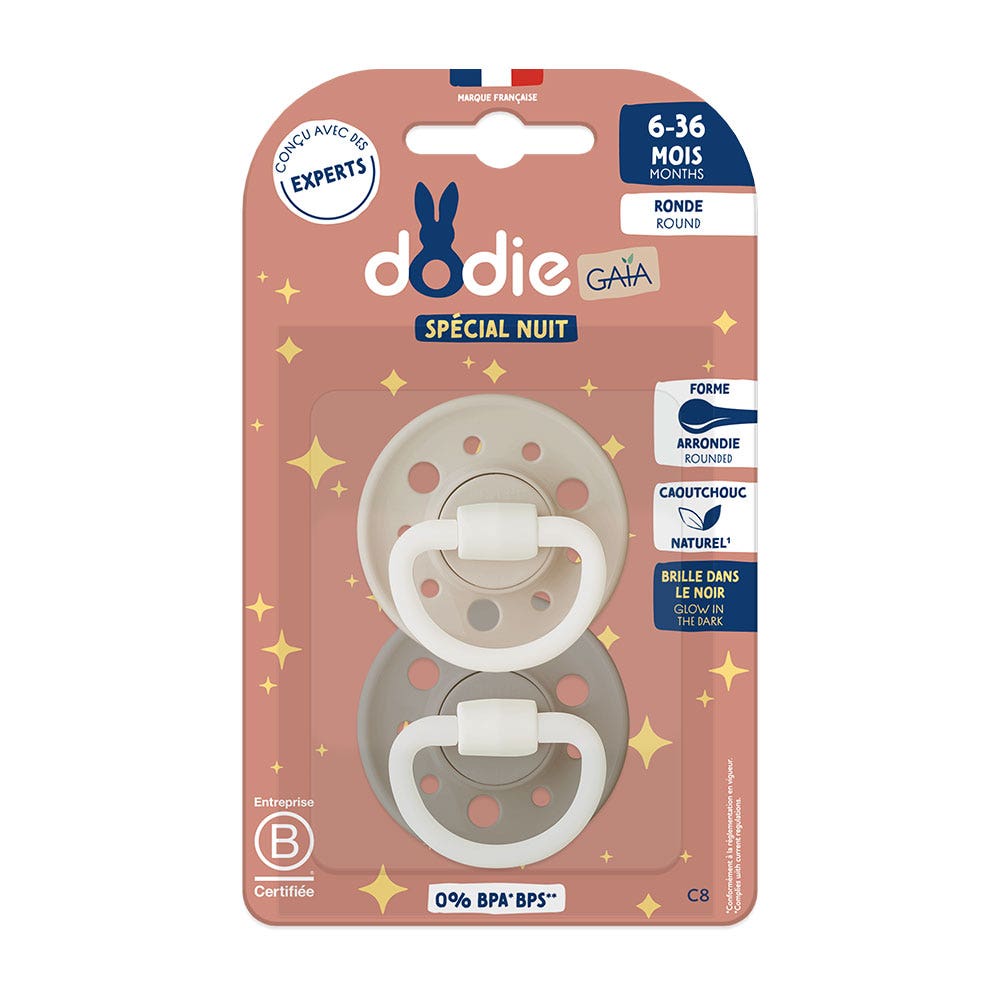 Dodie Gaia Sucettes Rondes Anatomiques Nuit 6 à 36 Mois x2