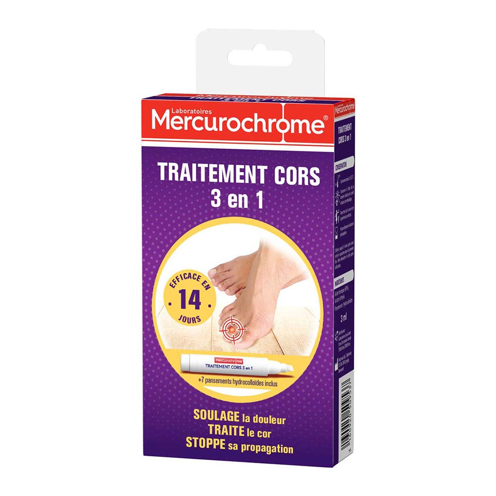 Mercurochrome Traitement Cors 3 En 1 Avec Stylo Et 7 Pansements 4ml