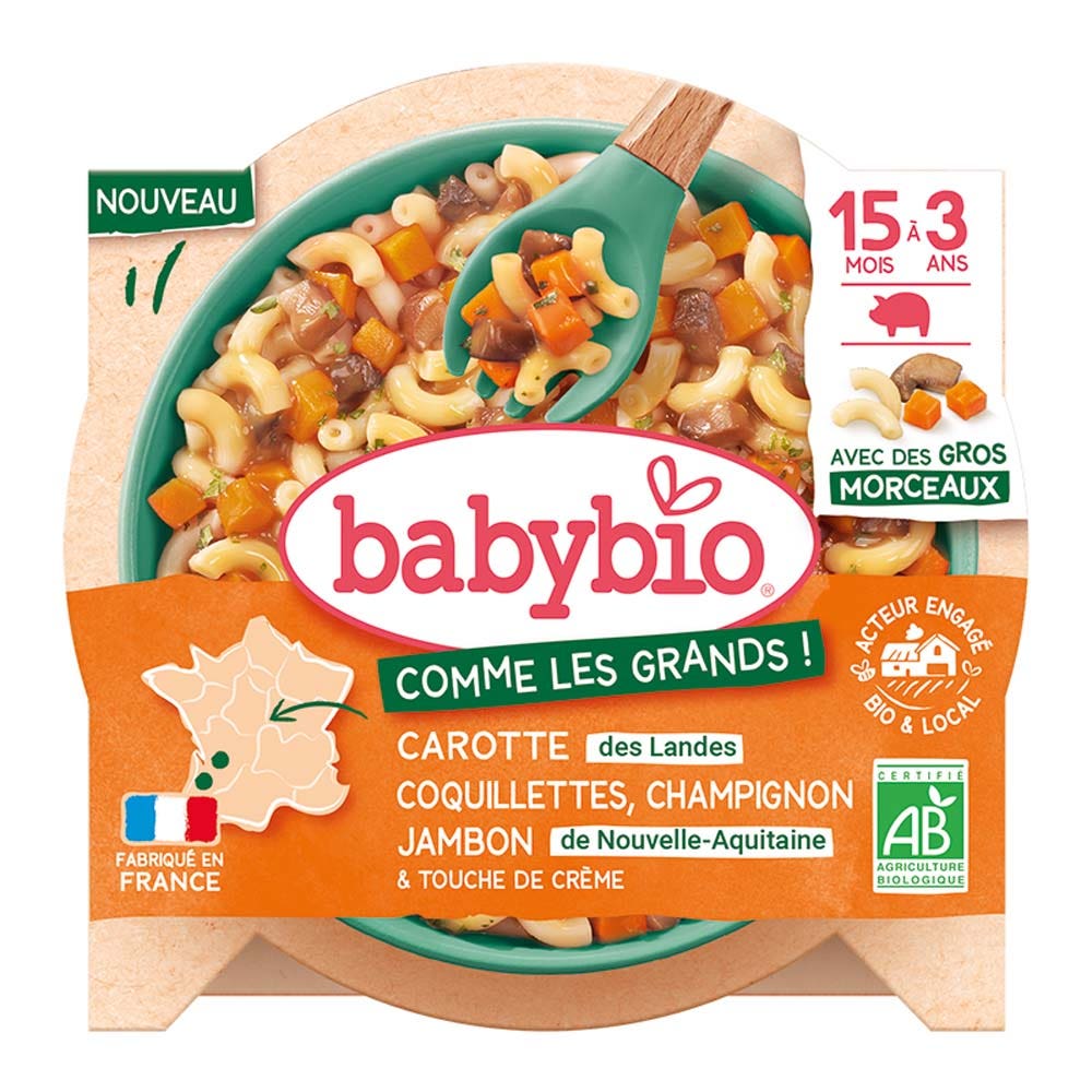 Babybio Menus Carottes Des Landes, Coquillettes, Champignon et Jambon Avec De Gros Morceaux 200g