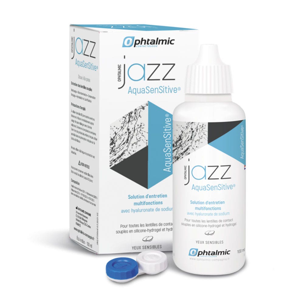 Ophtalmic AquaSensitive Jazz solution multifonction pour tous types de lentilles souples 100ml