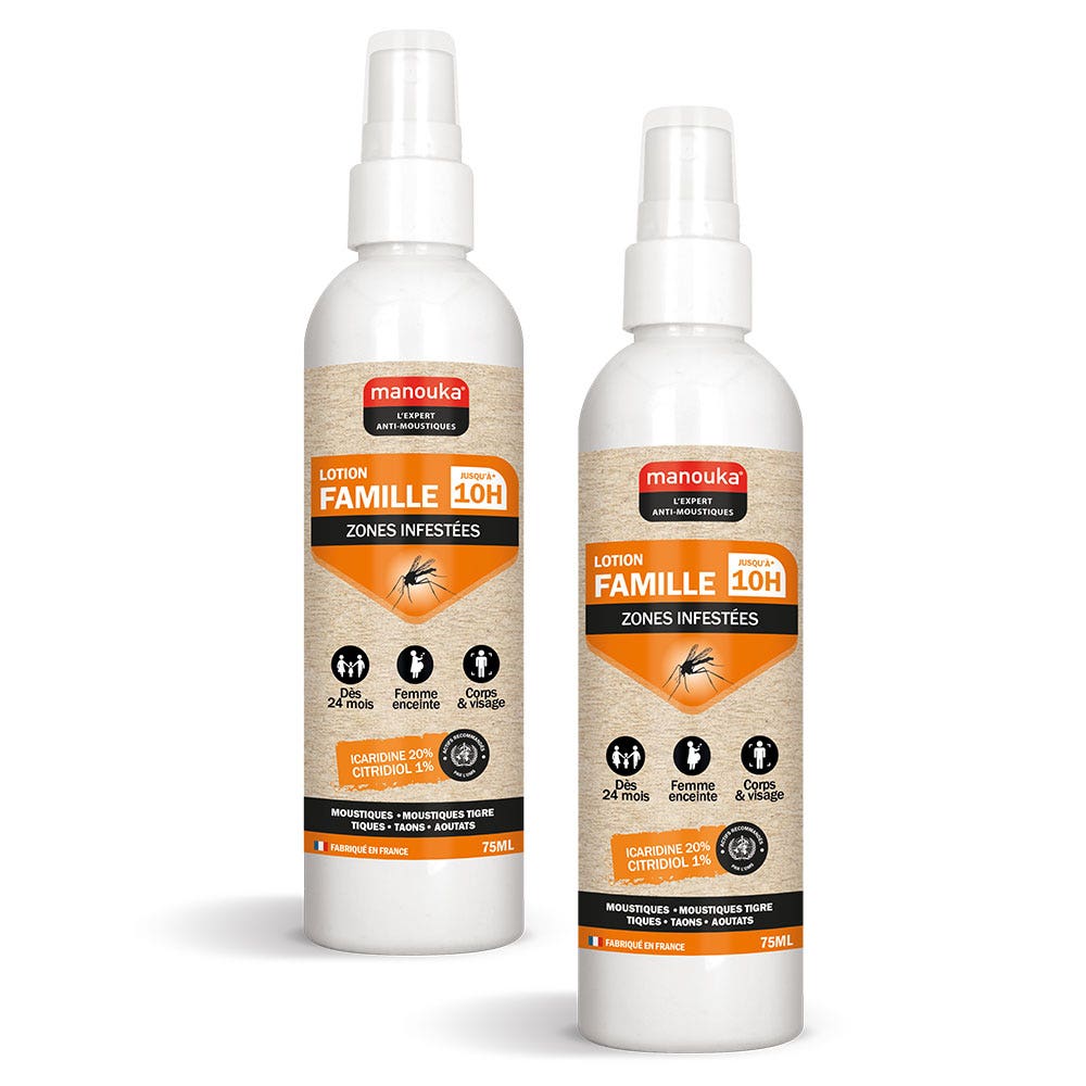 Manouka Spray Répulsif Anti-moustiques Lotion Famille Toutes Zones 2x75ml