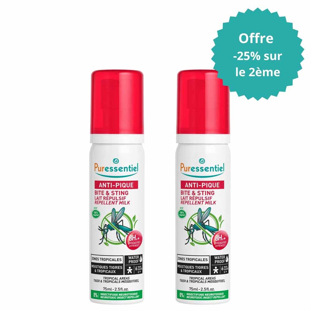 Puressentiel Anti-Pique Lait Répulsif Zones Tropicales Moustiques Tigres et Tropicaux Dès 6 Mois 2x75ml