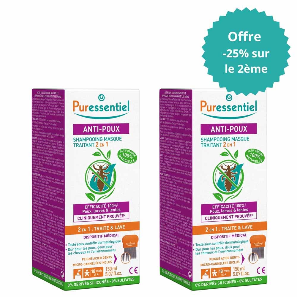 Puressentiel Anti-Poux Shampooing Masque Traitant 2en1 Avec Peigne 2x150ml