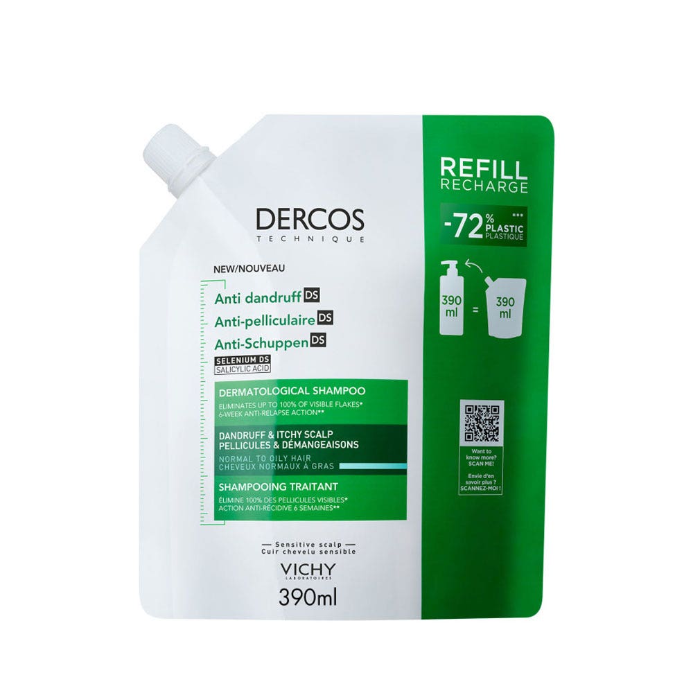Vichy Dercos Eco-recharge Shampooing Antipelliculaire Traitant Pellicules et Démangeaisons Cheveux normaux à gras 390ml