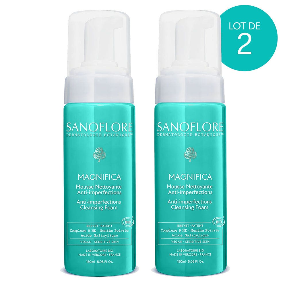 Mousse nettoyante visage certifiée bio 2x150 ml 300ml Magnifica Peaux tendance acnéique Sanoflore