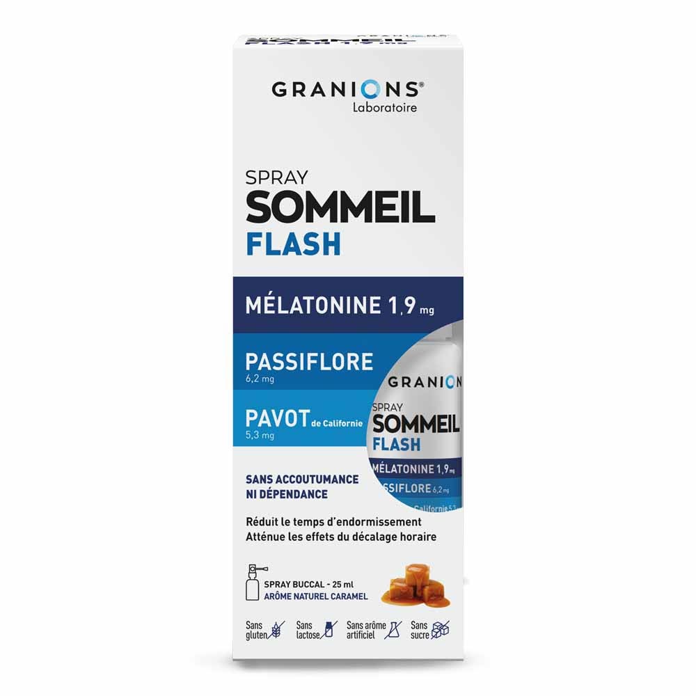 Granions Sommeil Flash Mélatonine Spray Buccal Goût Caramel 25 ml