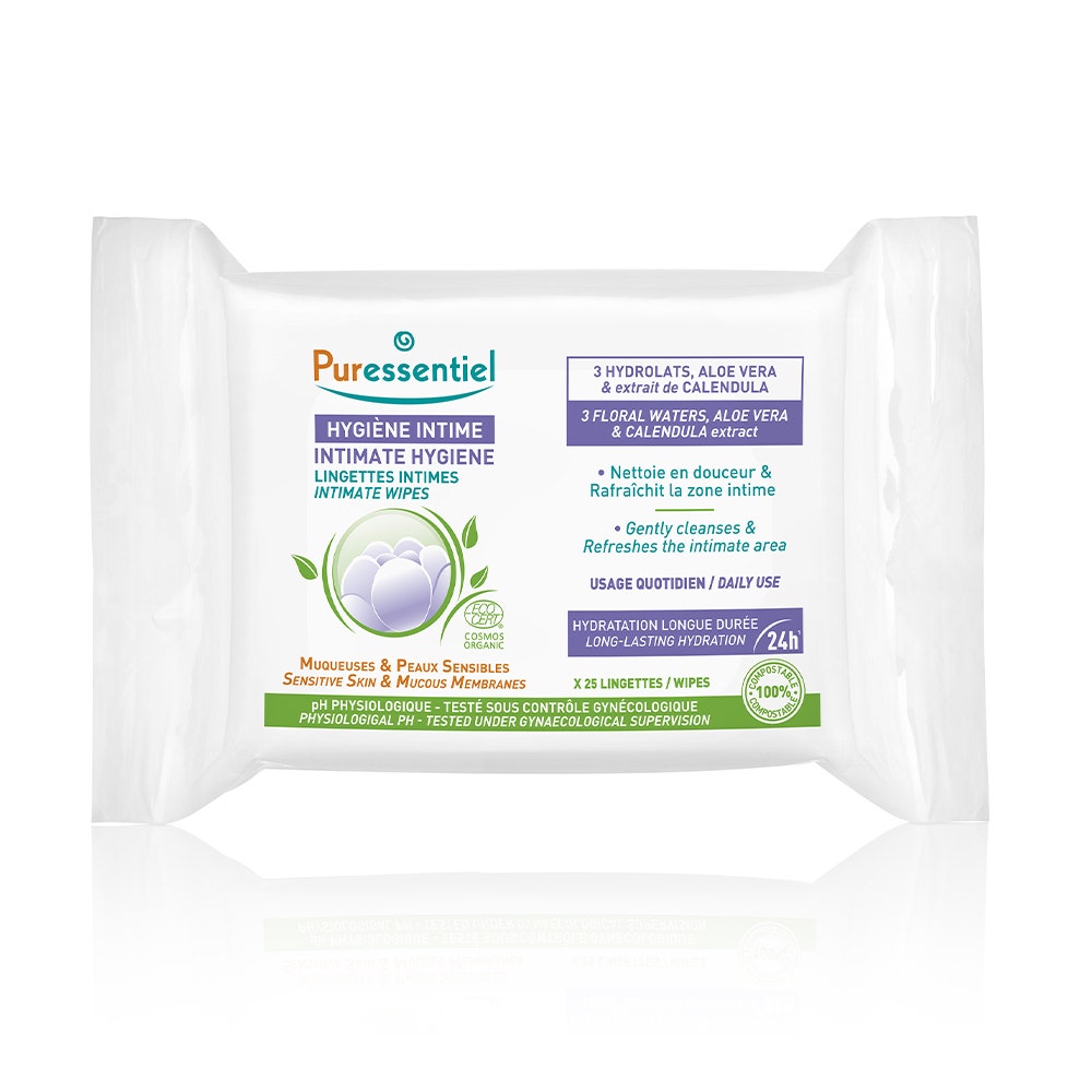 Puressentiel Hygiène Intime Lingettes Intimes Quotidiennes Bio Peaux Sensibles x25