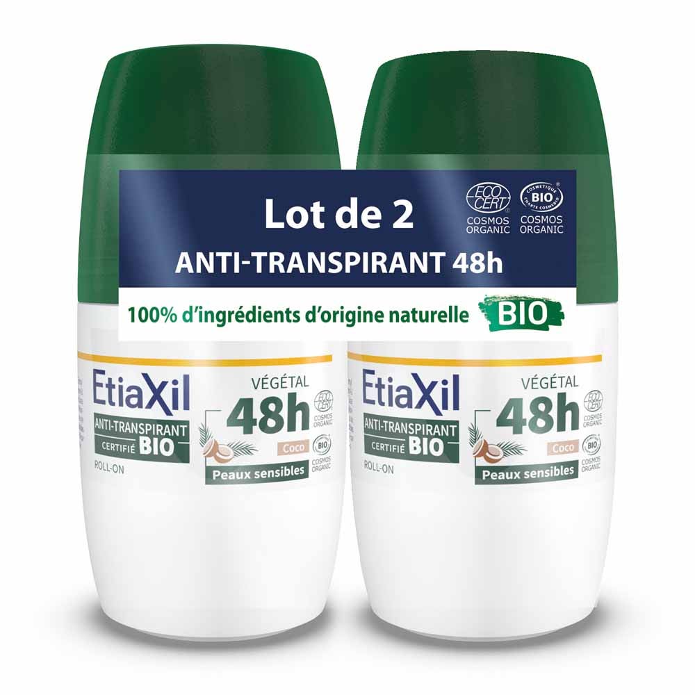 Etiaxil Anti-Transpirant Déodorant Roll-on Végétal 48h Coco Bio Peaux sensibles 2x50ml
