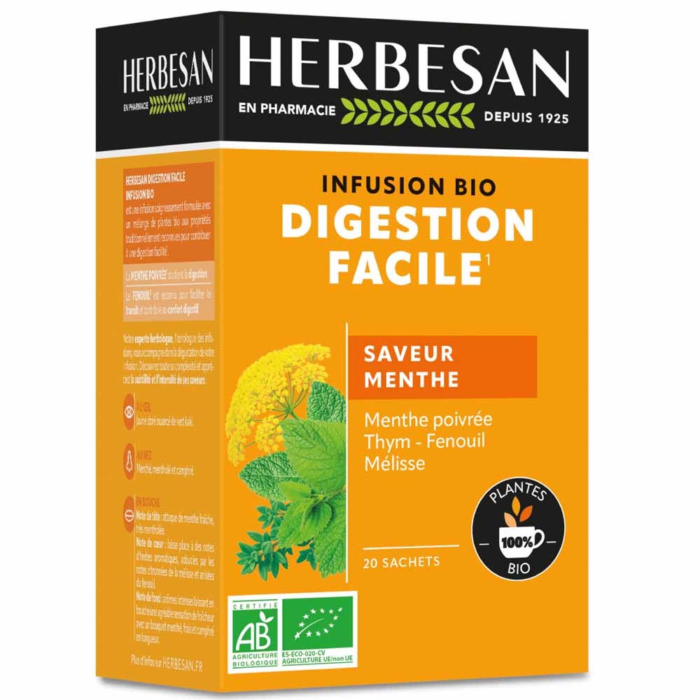 Herbesan Infusion Menthe Poivree Fenouil Digestion Facile Bio Saveur Menthe 20 sachets