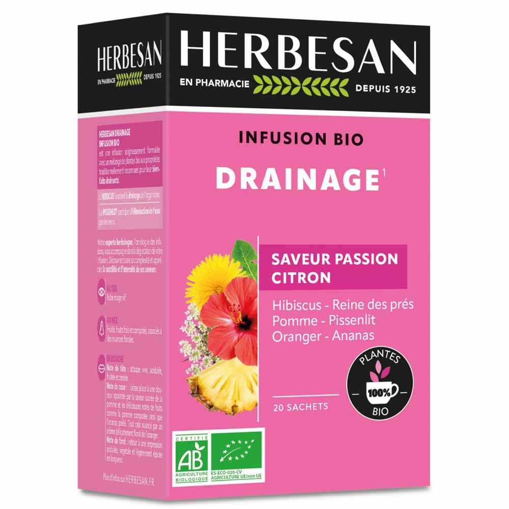 Herbesan Infusion Reine des pres drainante bio Saveur mangue 20 sachets