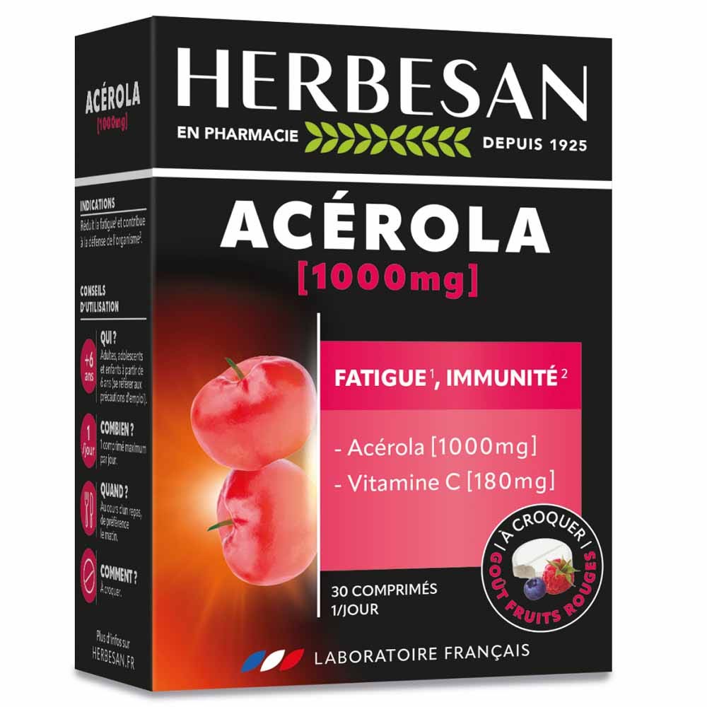 Herbesan Acerola 1000mg Vitamine C 180mg Goût Fruits Rouges 30 comprimés
