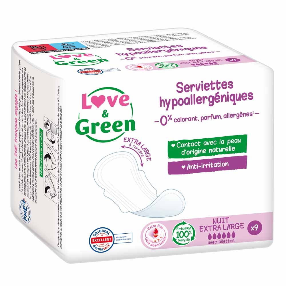 NUIT EXTRA LARGE 9 serviettes Anti-irritations Love&Green
