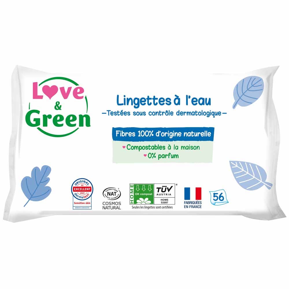 Toilette bébé à l'eau 56 lingettes Peaux sensibles Love&Green