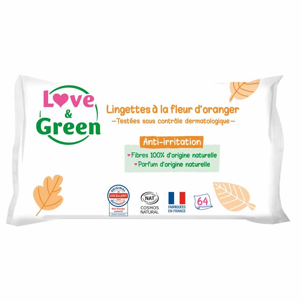 Toilette bebe a la fleur d'oranger 64 lingettes Peaux sensibles Love&Green