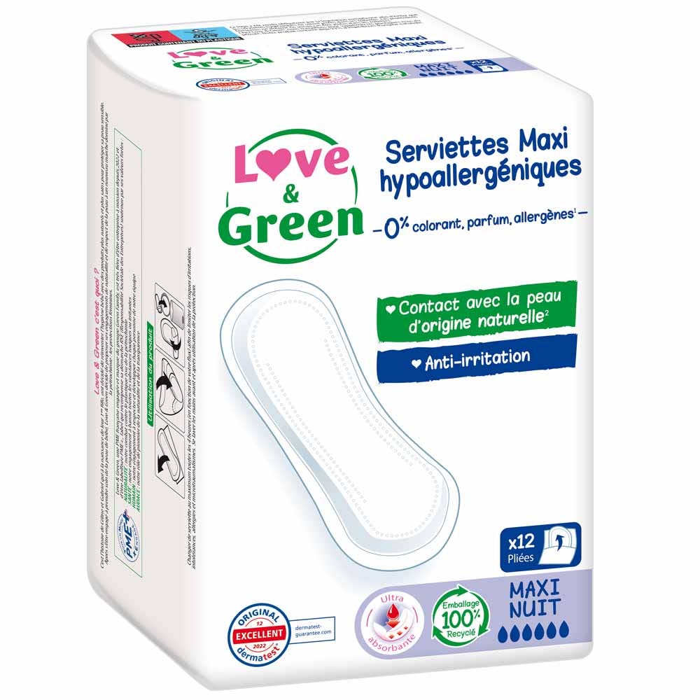 MAXI NUIT 12 serviettes Anti-irritations Love&Green