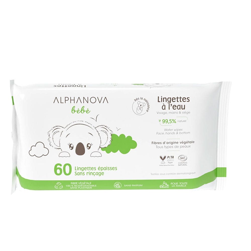 Alphanova Bébé Lingettes Nettoyantes Sans Rinçage x60