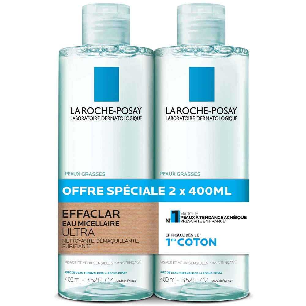 La Roche-Posay Effaclar Eau Micellaire Ultra Nettoyante Démaquillante Purifiante Peaux Grasses 2x400ml