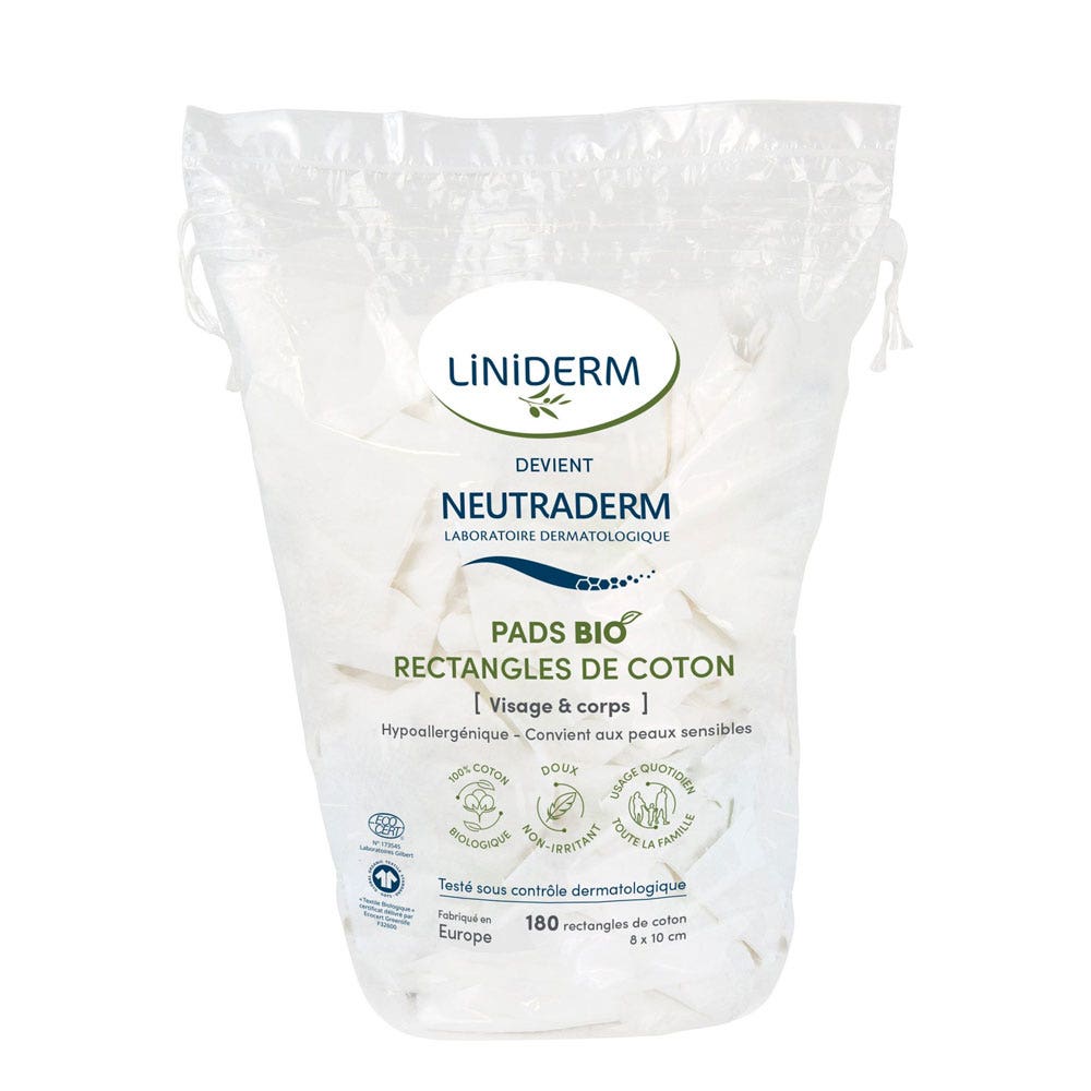 Neutraderm Pads Bio 8x10cm x180 Rectangles de Coton