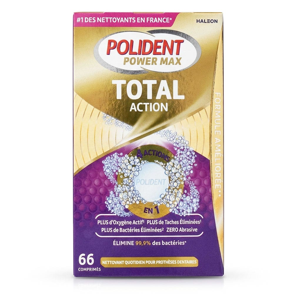 Polident Power Max Total Action Nettoyant Pour Appareils Dentaires x66 Comprimés