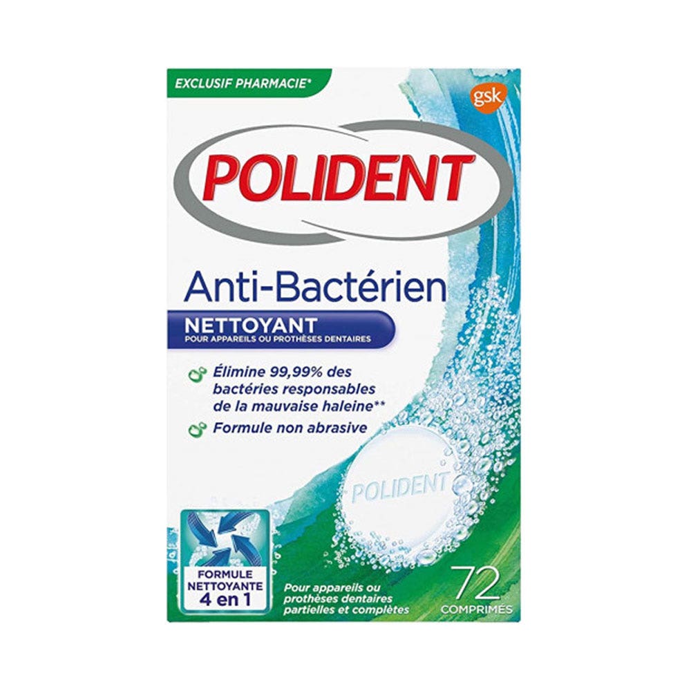 Polident Nettoyant 4 En 1 Anti-bacterien Pour Appareils Et Protheses Dentaires 72 Comprimes