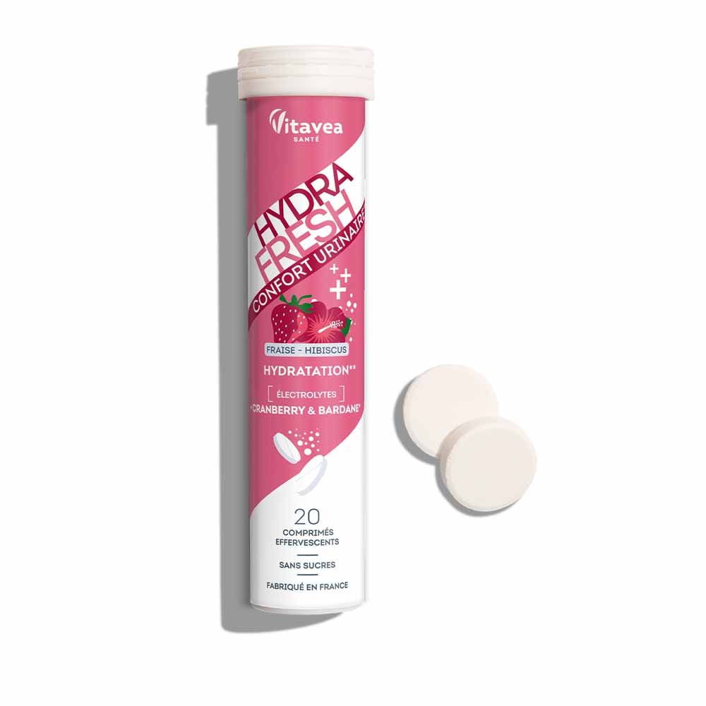 Vitavea Santé HydraFresh Hydratation Confort Urinaire Fraise Hibiscus Cranberry Bardane 20 comprimés effervescents