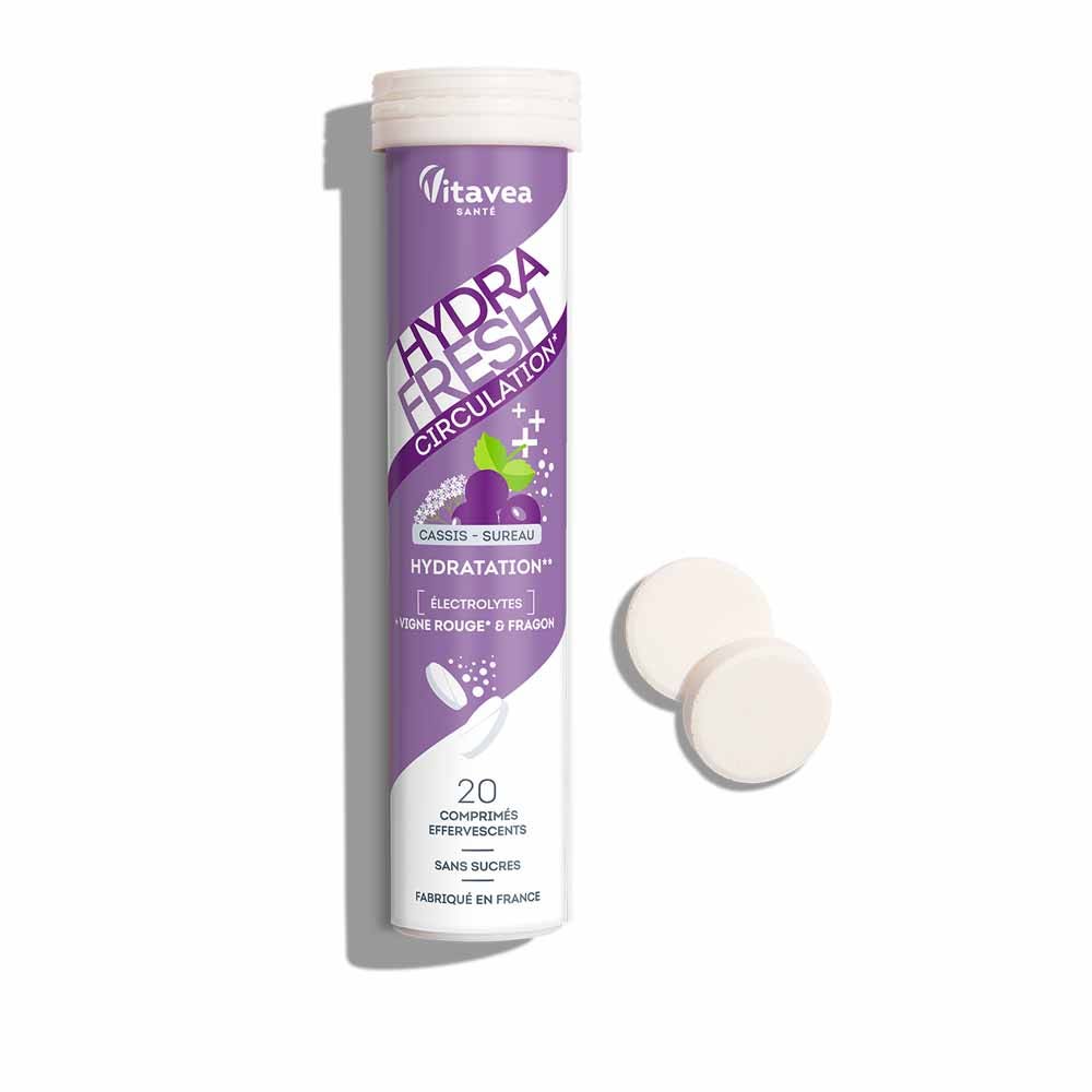 Vitavea Santé HydraFresh Hydratation Circulation Vigne Rouge et Fragon Goût Cassis 20 comprimés effervescents