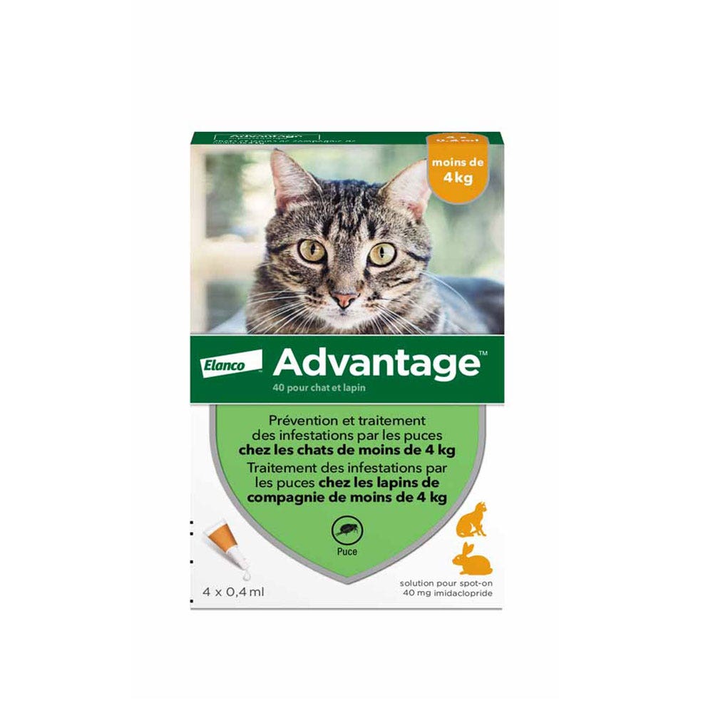 Advantage Solution 40 mg Pour Spot On Pour Chats Et Lapins De Moins de 4kg 4 x 0,4ml