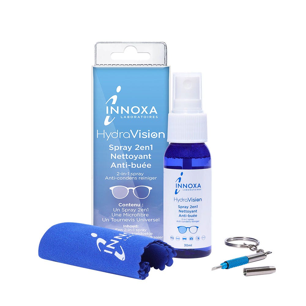 Innoxa HydraVision Spray nettoyant lunettes 2en1 anti-buée 30ml + 1 microfibre + un tournevis universel