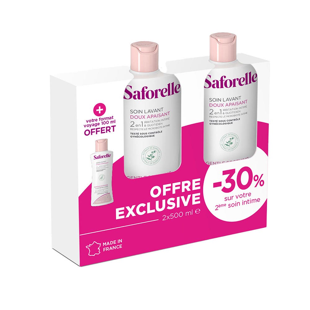 Soin Lavant Doux Peaux Sensibles Ou Irritees 2x500ml + Format Voyage 100ml offert Saforelle