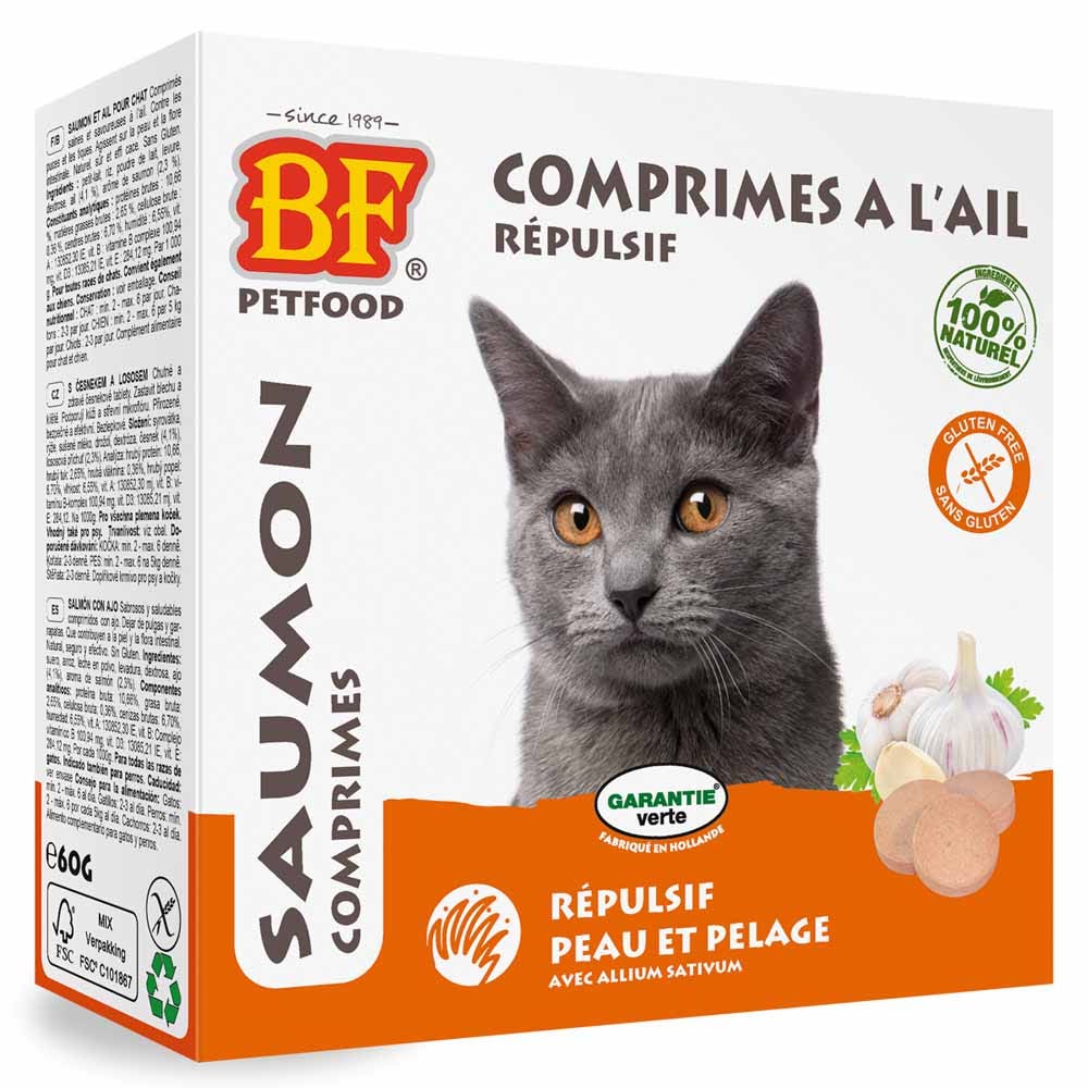 Biofood BF Petfood A l'ail Répulsif Peau et Pelage Pour Chats Saveur Saumon 100 Comprimés