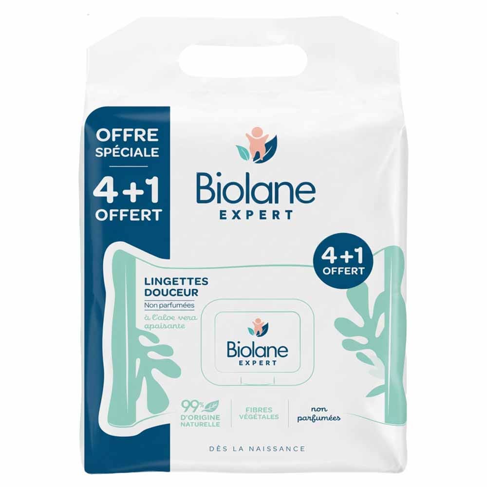 Biolane Expert Lingettes Douceur Non Parfumées à l'aloe vera apaisante 4x60 +1 gratuit