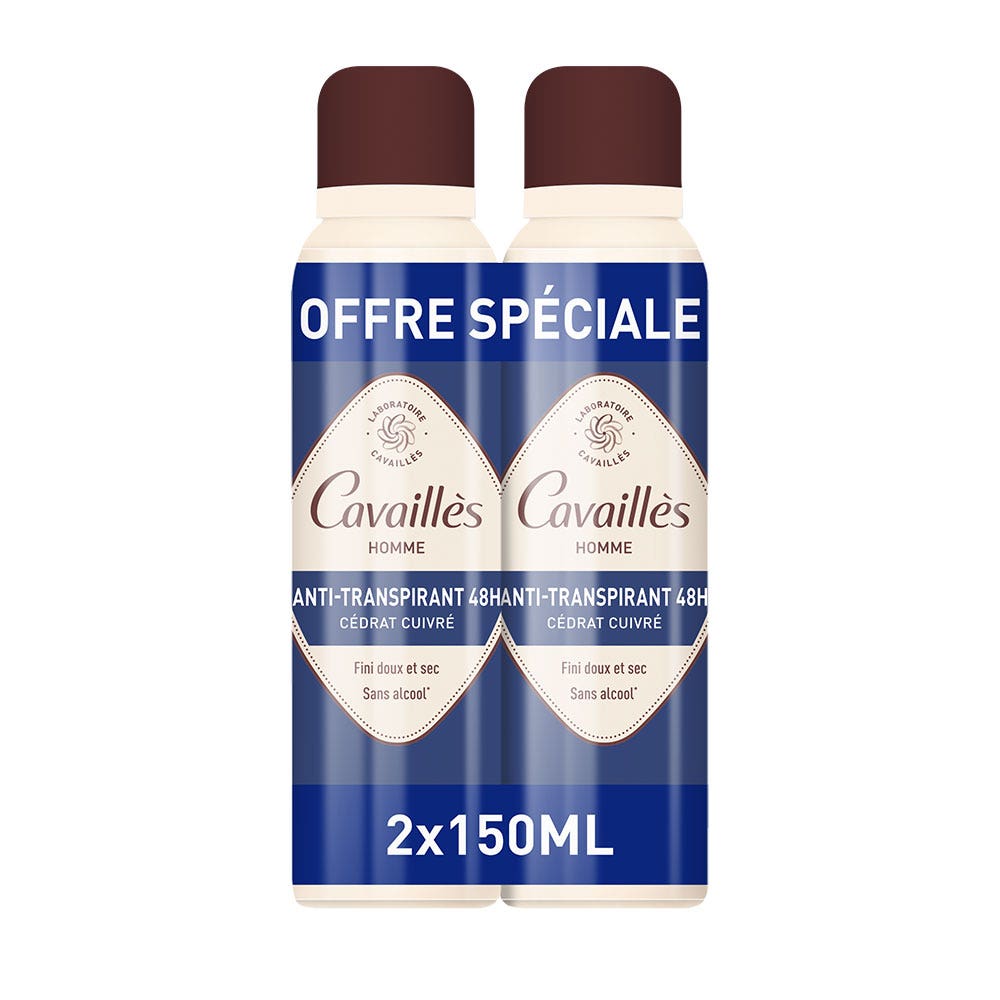Cavaillès Absorb + Déodorant Homme Anti Transpirant 48H Spray 2x150ml