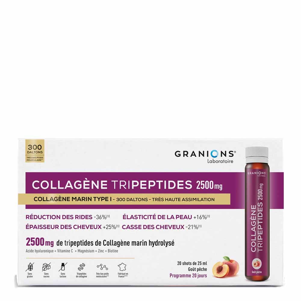 Granions Collagène Tripeptides 2500mg Pêche Peau Cheveux 20 shots