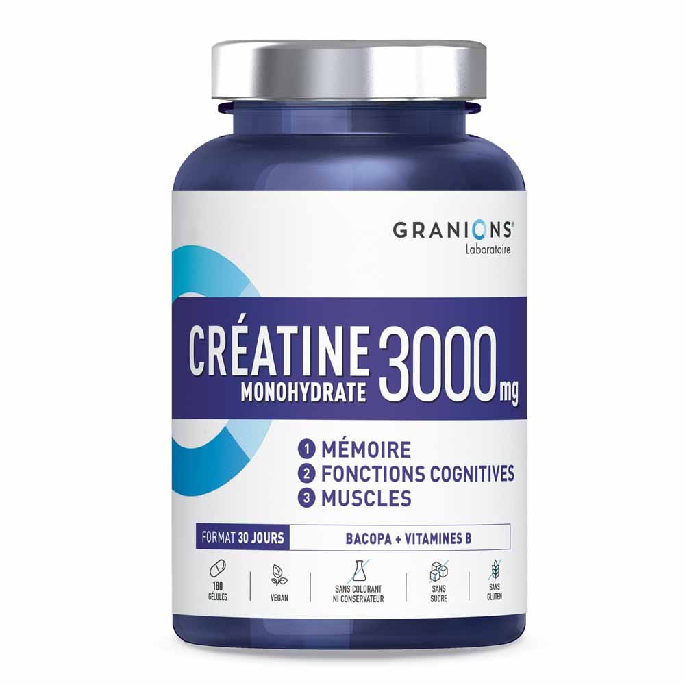 Granions Créatine 3000 Monohydrate Bacopa Mémoire Muscles 180 gélules