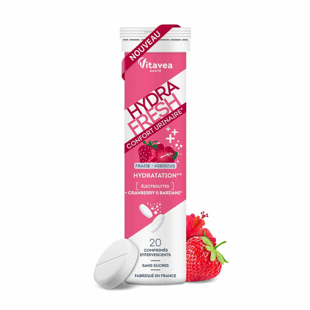 Vitavea Santé HydraFresh Hydratation Confort Urinaire Fraise Hibiscus Cranberry Bardane 20 comprimés effervescents
