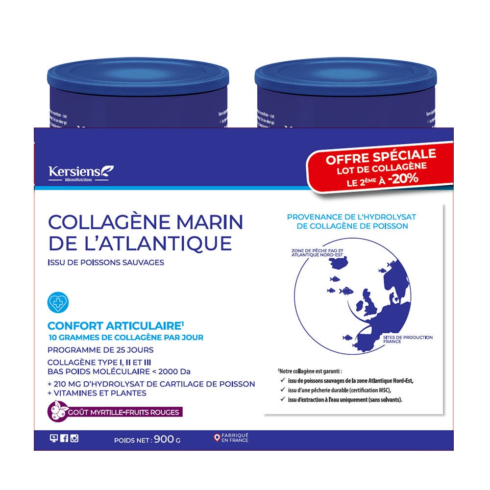 Kersiens Collagène Marin de L'Atlantique Confort Articulaire Goût Myrtille Fruits Rouges 2x450g