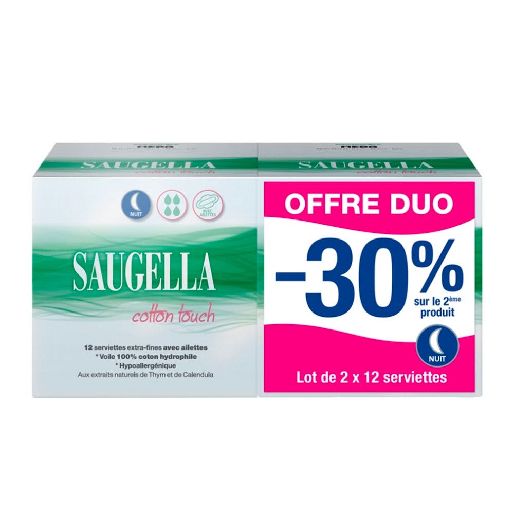 Saugella CottonTouch Serviettes Hygièniques extra-fines avec ailettes 2x12