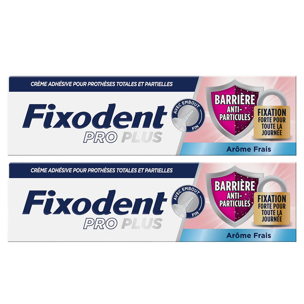 Fixodent Pro plus Crème Adhésive pour prothèses Totales & Partielles Fraîcheur Barrière Anti-Particules 2x35g