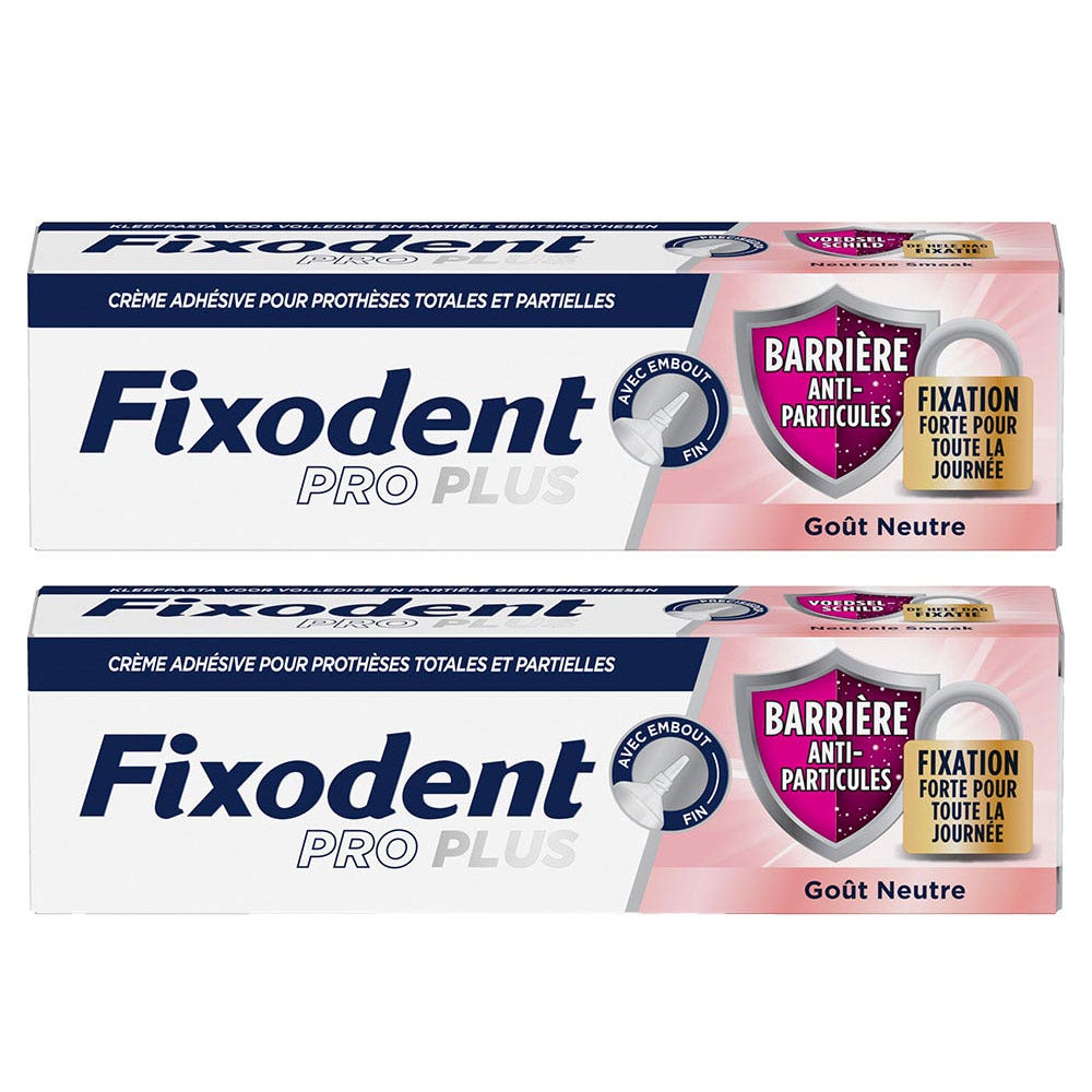 Fixodent Pro plus Crème Adhésive pour prothèses Totales & Partielles Barrière Anti-Particules 2x35g