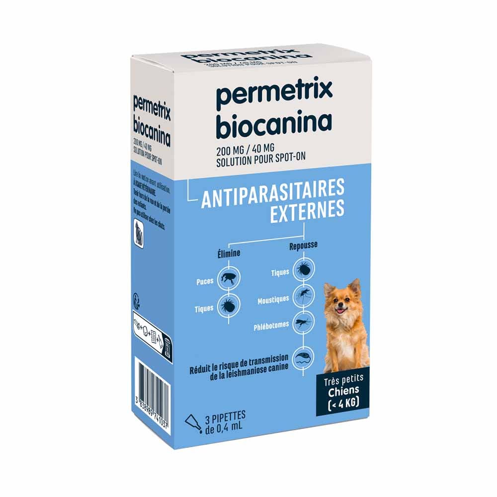 Biocanina Antiparasitaire externe Solution pour spot-on pour tres petits chiens jusque 4 kg Permetrix 3 pipettes